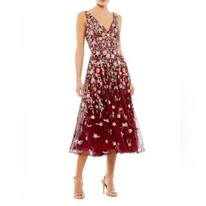 Mac Duggal Burgundy Floral Embroidered Dress